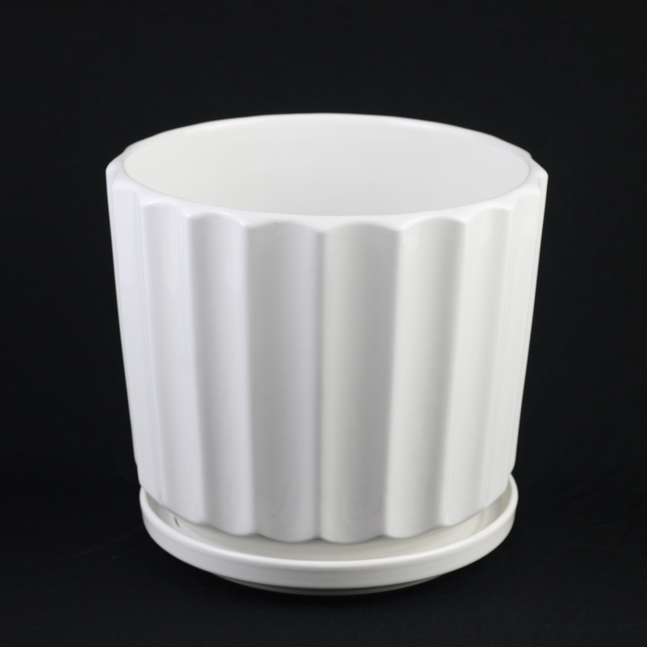 3-Piece White Ceramic Planter Pot Set with Fluted Design & Saucers