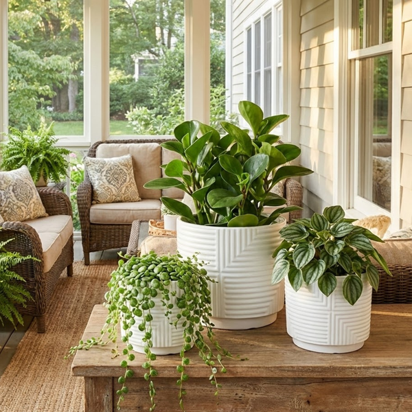 3-Piece White Stoneware Planter Set with Geometric Line Design
