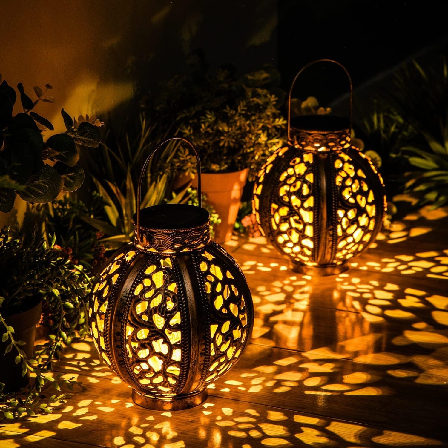 2-Pack Outdoor Solar Lanterns – Retro Hollow Metal Hanging Lights