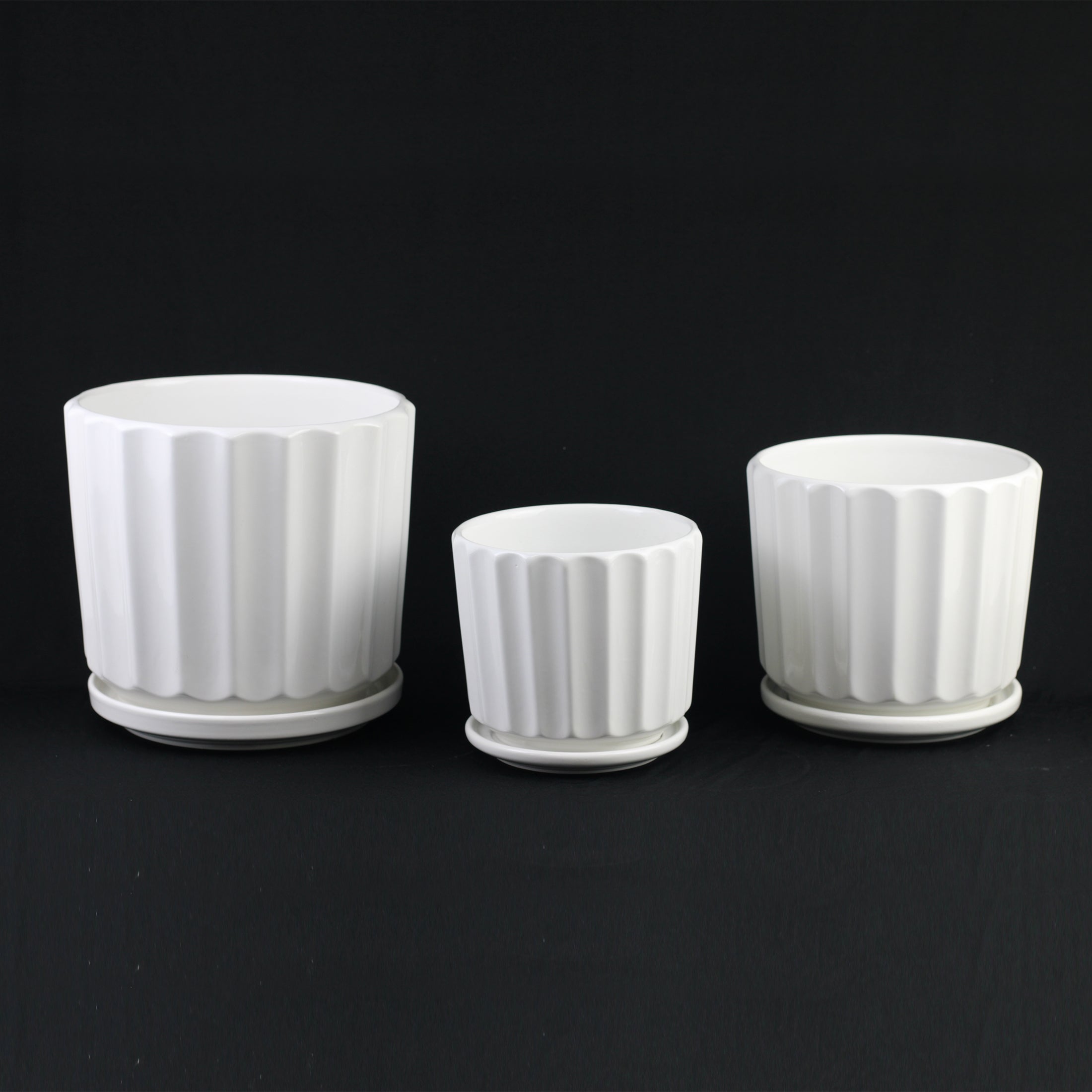 3-Piece White Ceramic Planter Pot Set with Fluted Design & Saucers