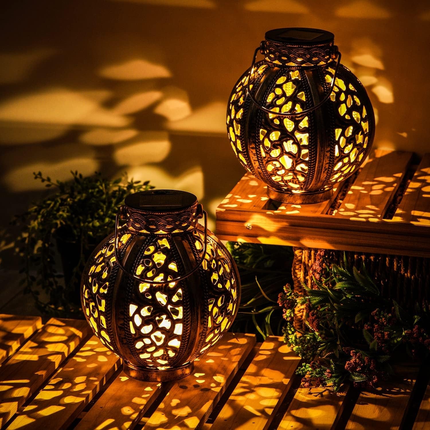 2-Pack Outdoor Solar Lanterns – Retro Hollow Metal Hanging Lights