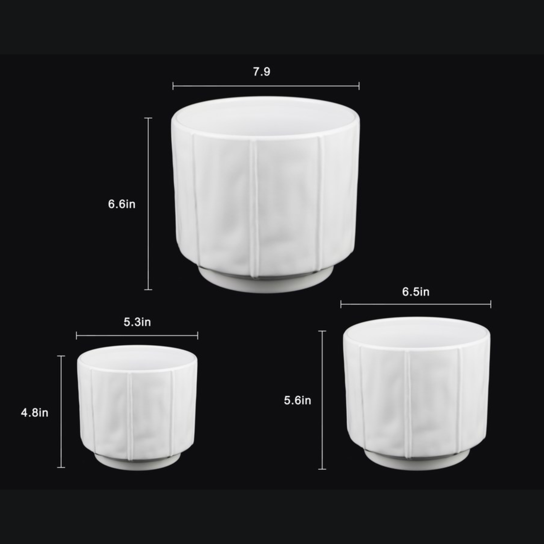 3-Piece White Stoneware Planter Pot Set with Soft Vertical Texture