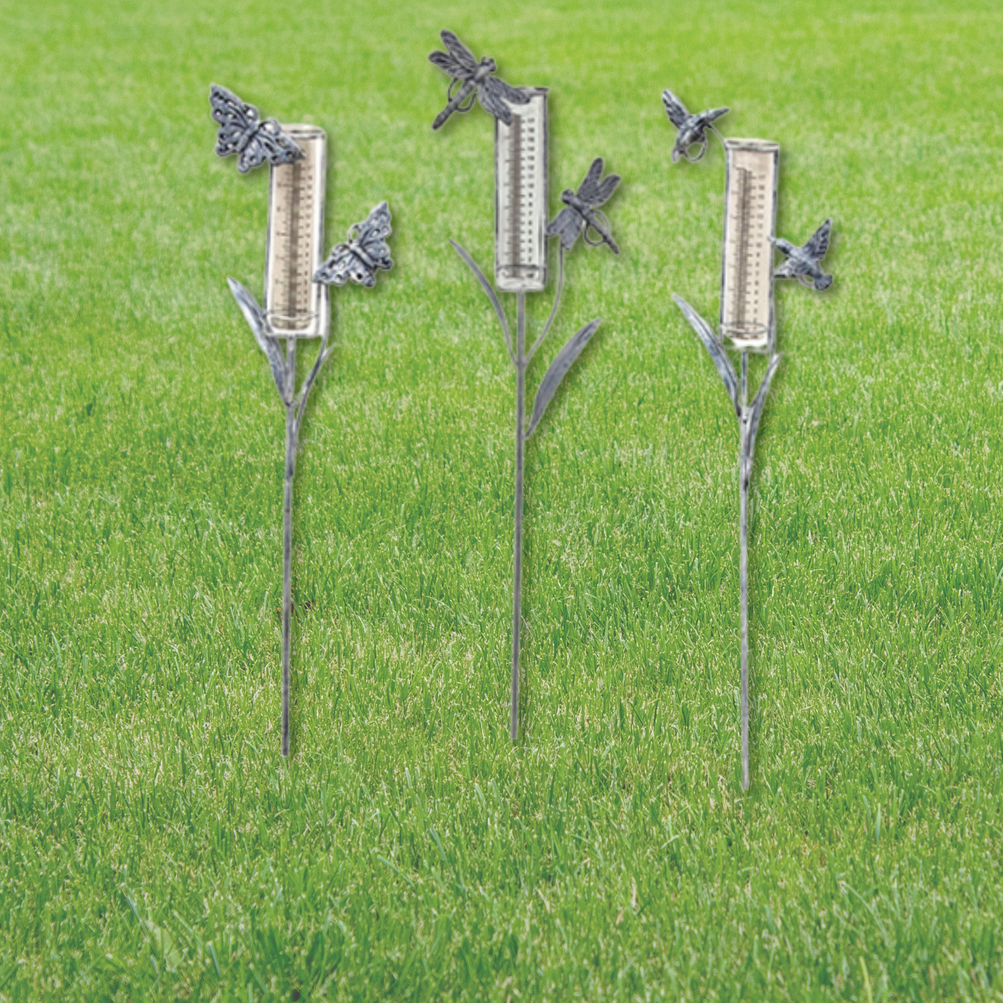 Assorted Distressed Metal Garden Springtime Rain Gauge Yard Stake 38" H