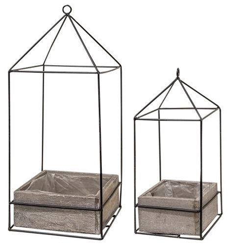 Set of Two Rustic Wood Plant Holders with Metal Accents