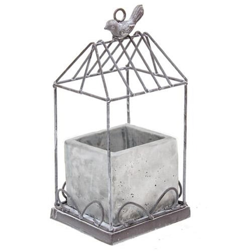 Rustic Graywash Birdcage Planter with Cement Base
