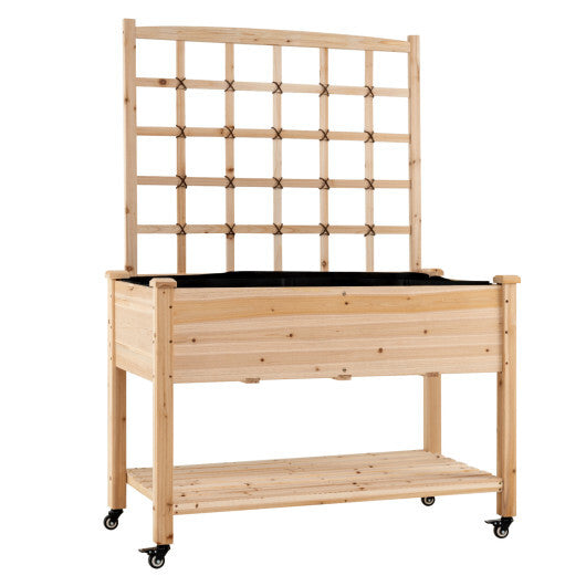 Wooden Mobile Raised Garden Bed on Wheels with Trellis-Natural - Color: Natural