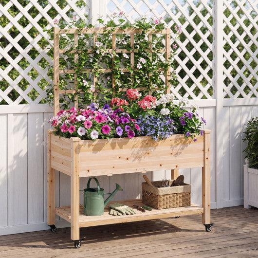 Wooden Mobile Raised Garden Bed on Wheels with Trellis-Natural - Color: Natural