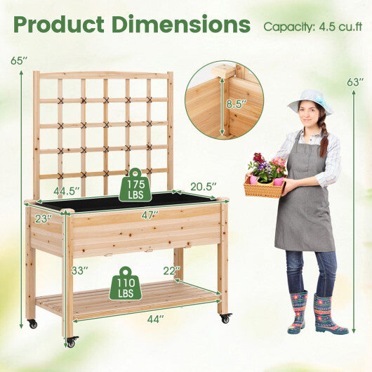 Wooden Mobile Raised Garden Bed on Wheels with Trellis-Natural - Color: Natural