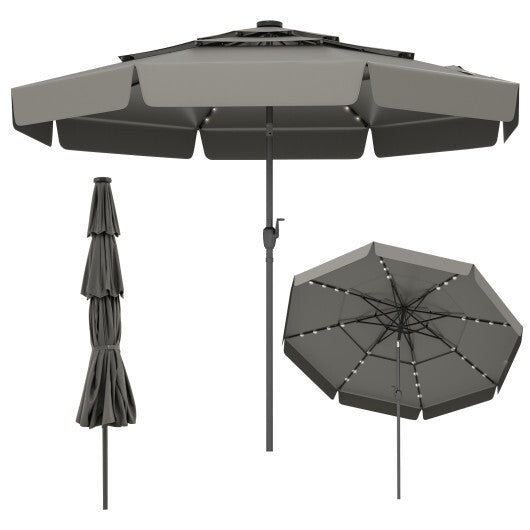 10 Feet Solar Patio Umbrella with 3-Tier Vented Top-Gray