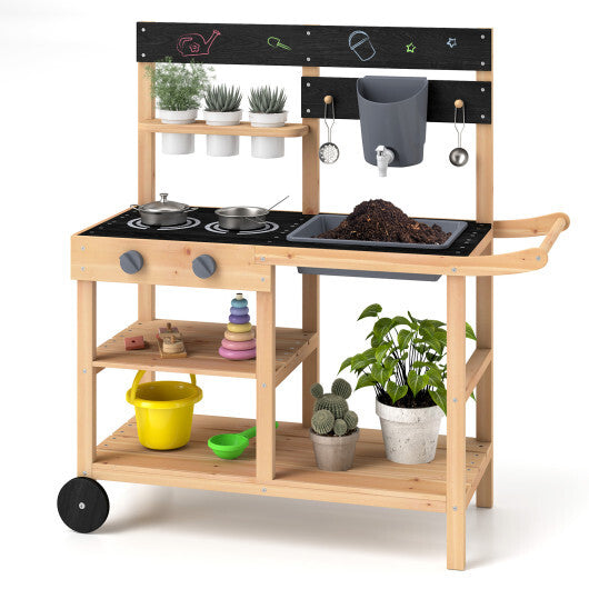 Outdoor Fir Wood Play Kitchen with Blackboard and Planting Pots-Natural