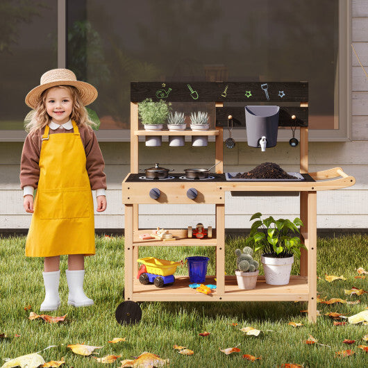 Outdoor Fir Wood Play Kitchen with Blackboard and Planting Pots-Natural