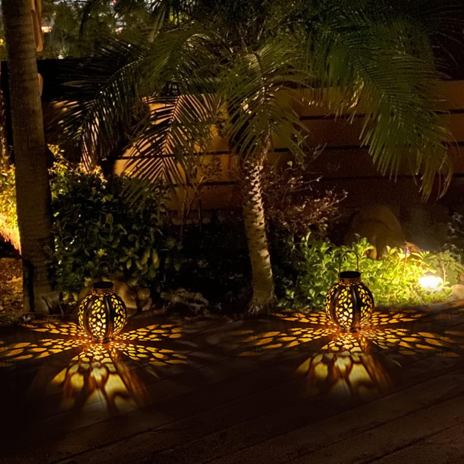 2-Pack Outdoor Solar Lanterns – Retro Hollow Metal Hanging Lights