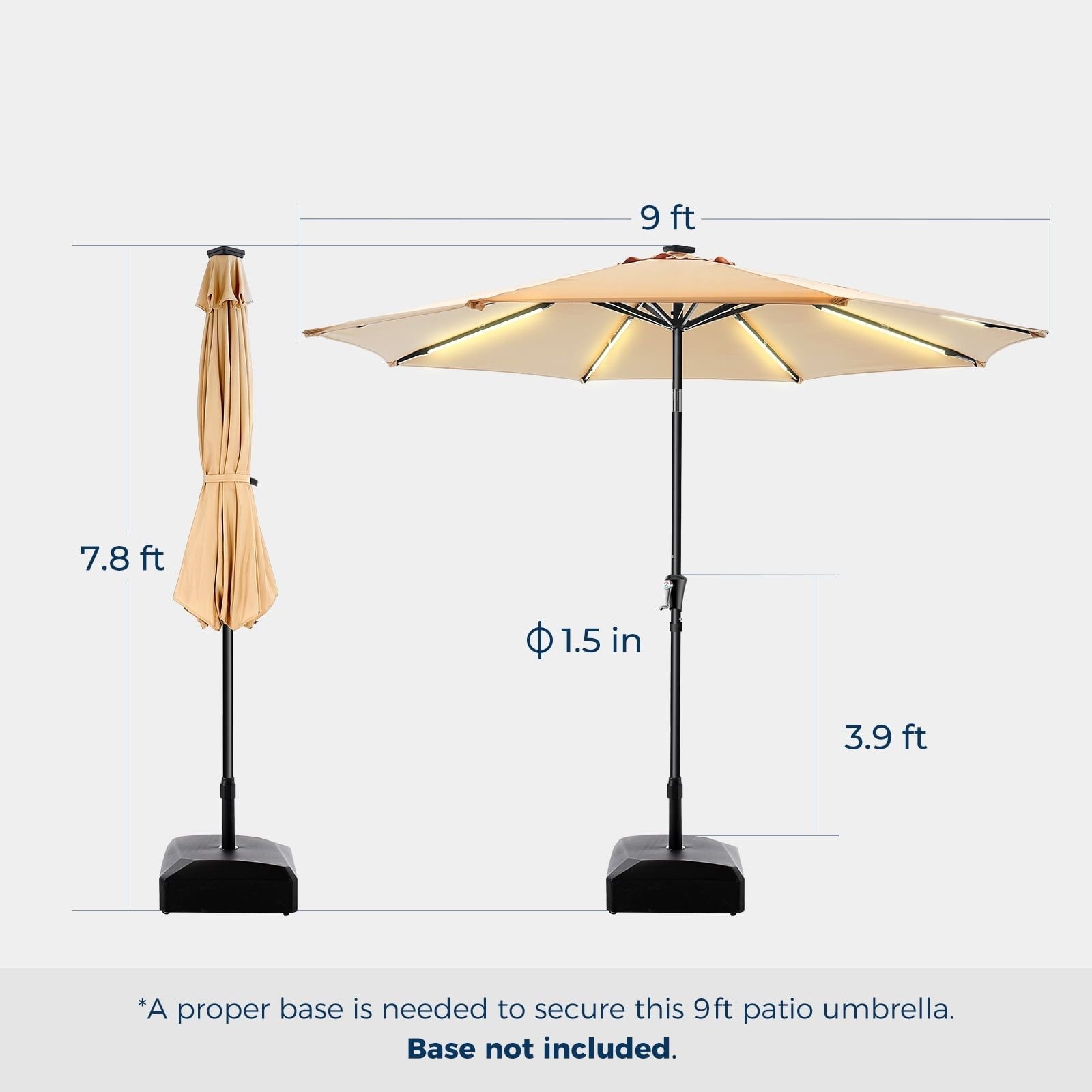 9FT Solar LED Patio Umbrella for Garden, Backyard & Pool - Lighted Outdoor Umbrella with Easy Crank Lift in Beige