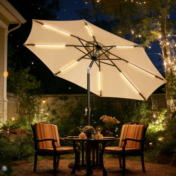 9FT Solar LED Patio Umbrella for Garden, Backyard & Pool - Lighted Outdoor Umbrella with Easy Crank Lift in Beige
