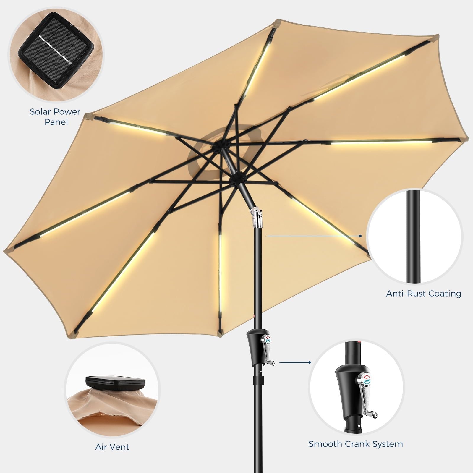 9FT Solar LED Patio Umbrella for Garden, Backyard & Pool - Lighted Outdoor Umbrella with Easy Crank Lift in Beige