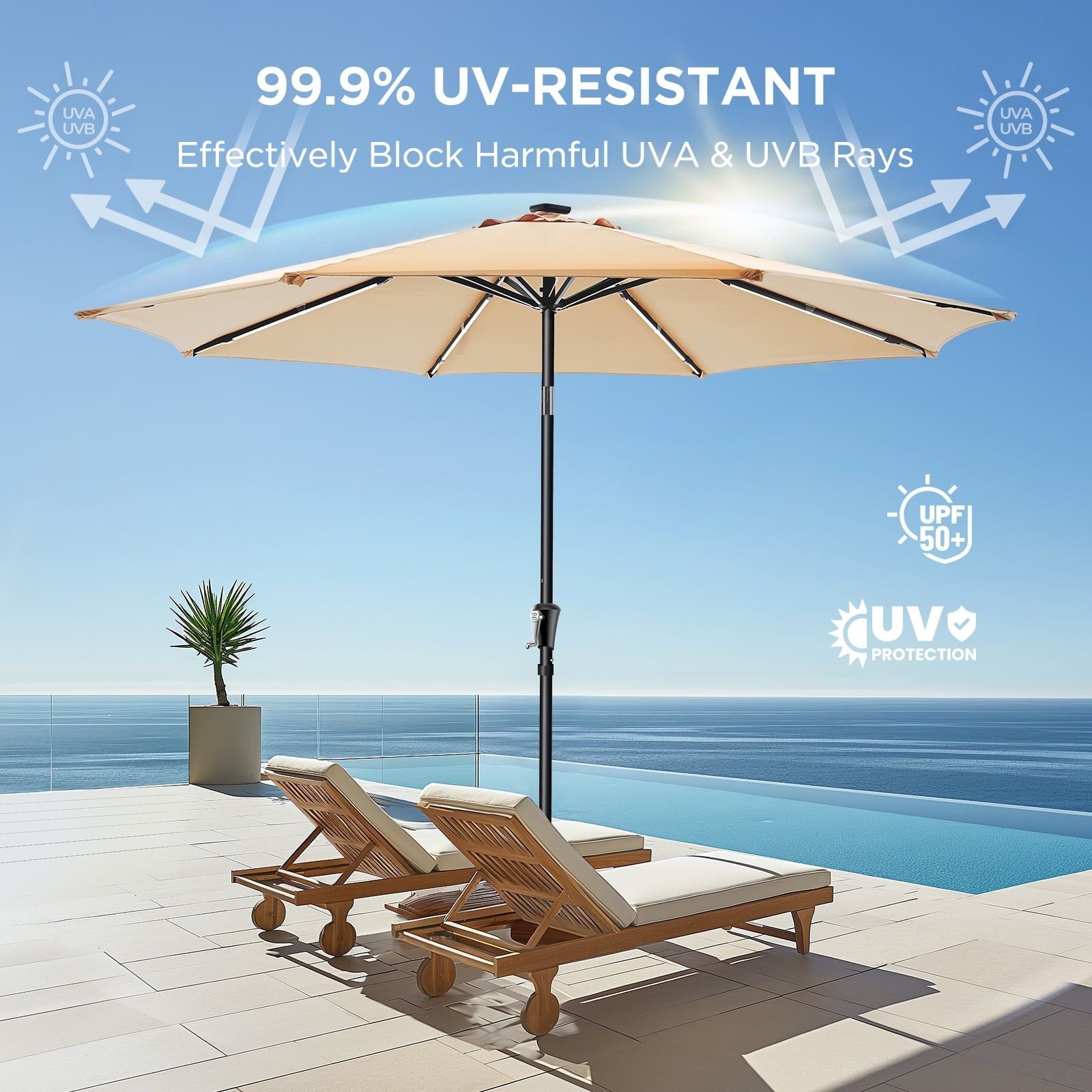 9FT Solar LED Patio Umbrella for Garden, Backyard & Pool - Lighted Outdoor Umbrella with Easy Crank Lift in Beige
