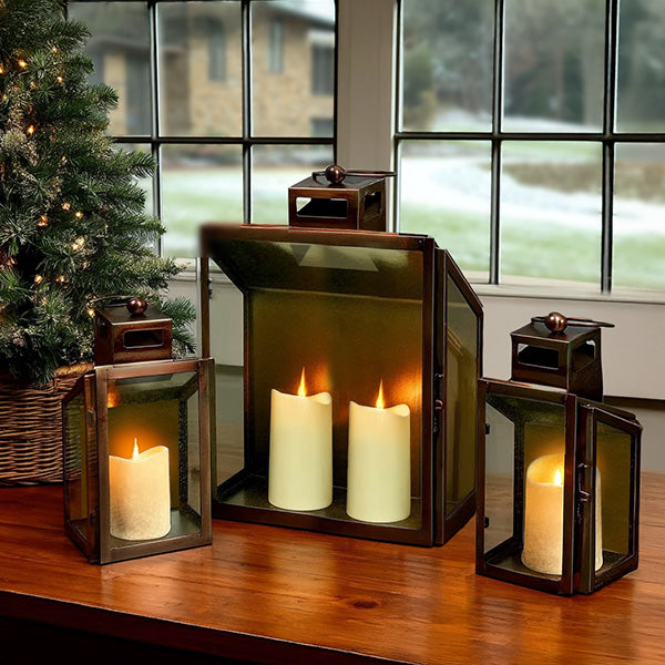 Rustic Bronze Tempered Glass Lanterns, Set of Three