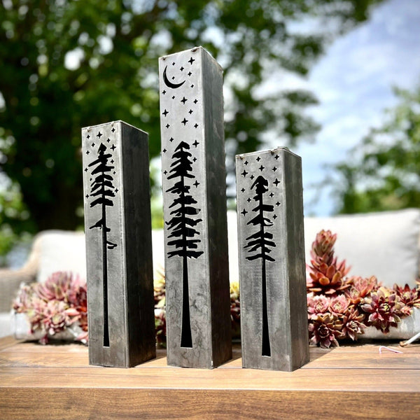 Pine Tree Night Sky Luminary Pillars w/ Solar Cap