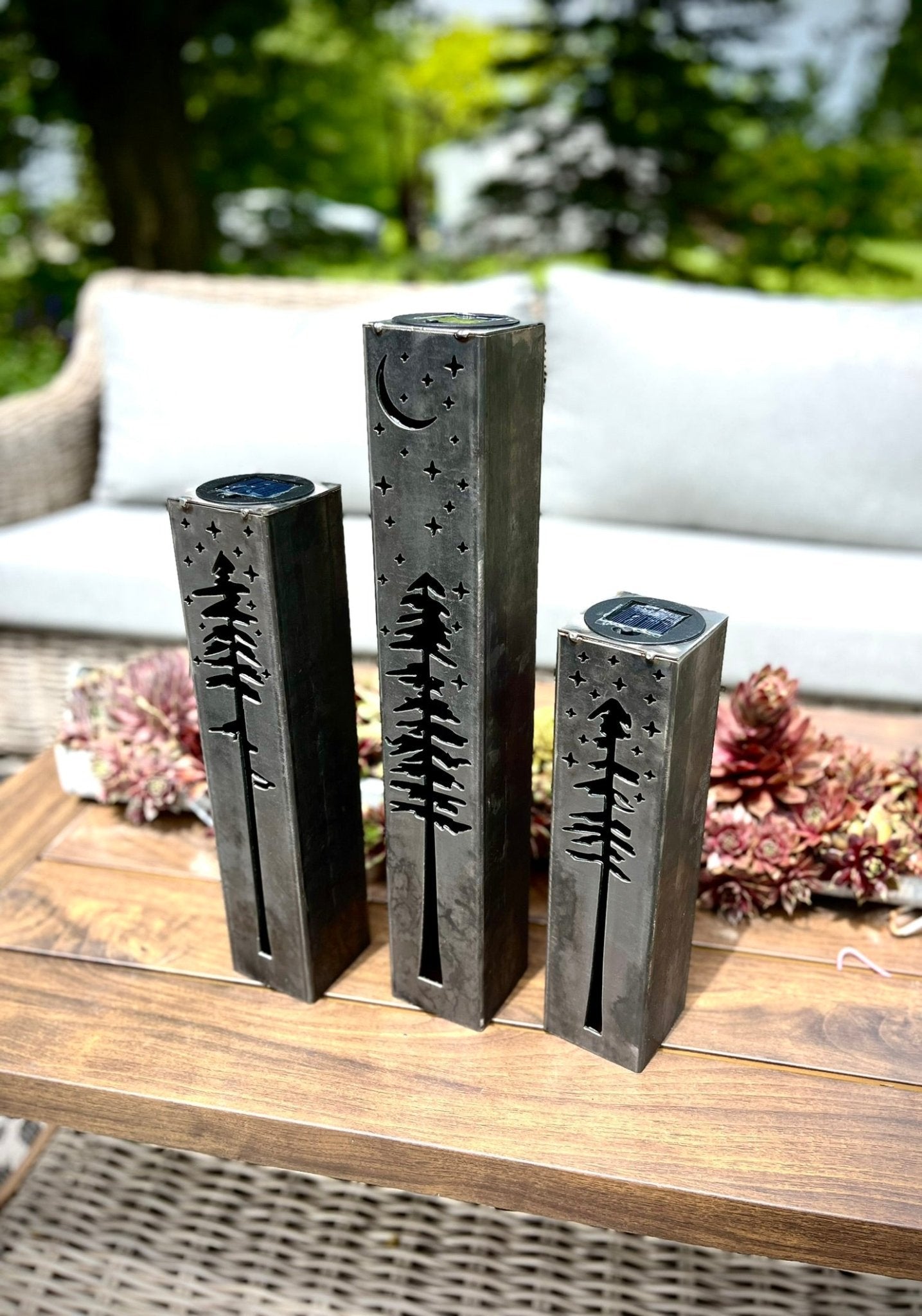 Pine Tree Night Sky Luminary Pillars w/ Solar Cap