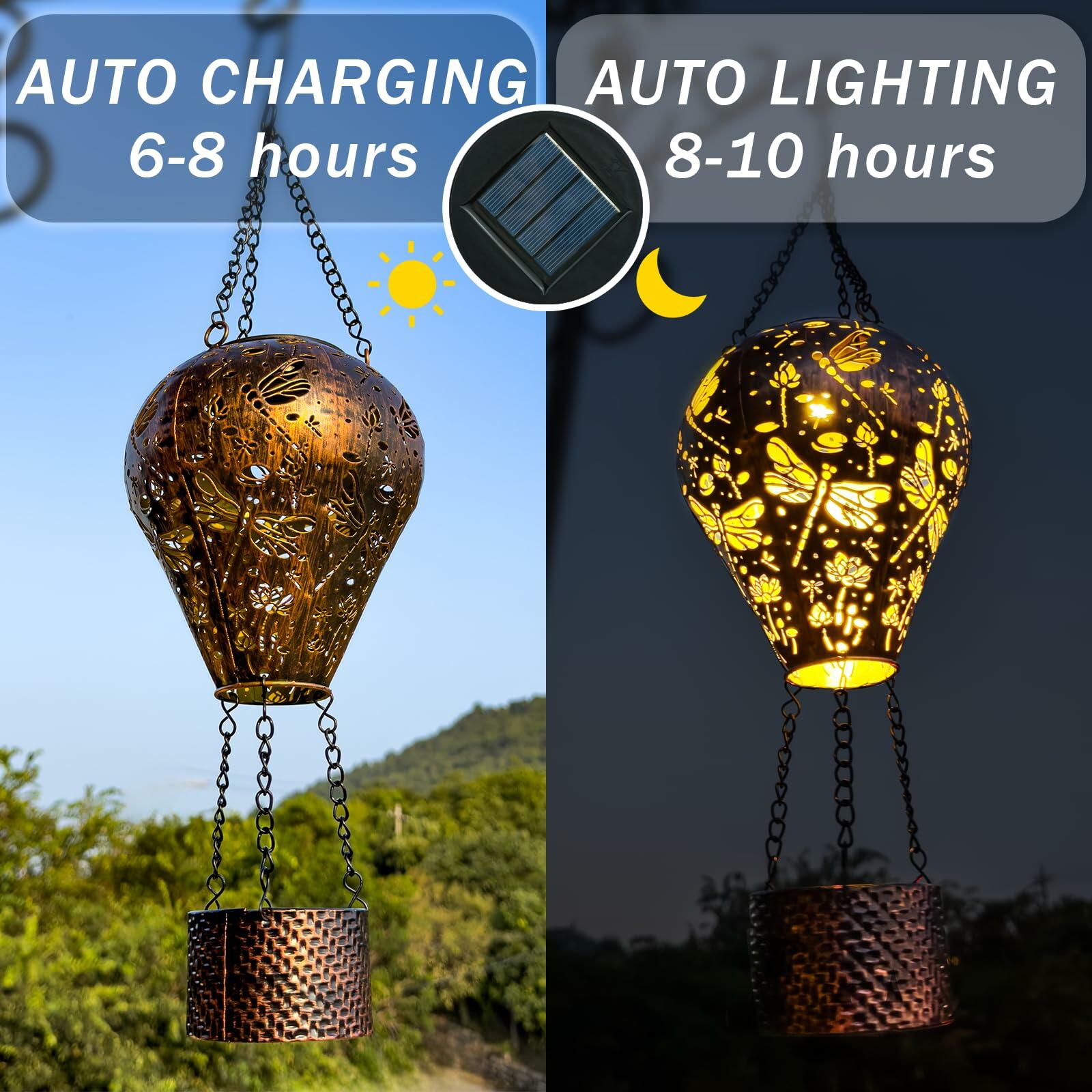 Dragonfly Decor Hot Air Balloon Solar Lantern Outdoor Hanging Garden Light