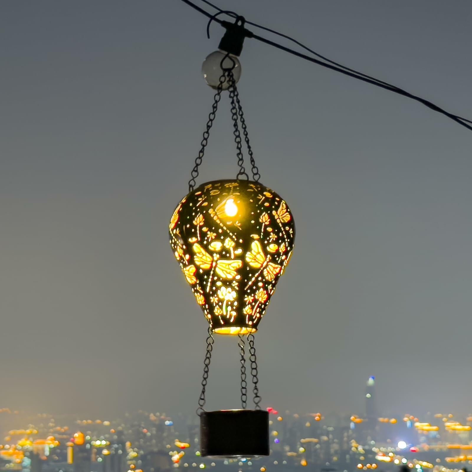 Dragonfly Decor Hot Air Balloon Solar Lantern Outdoor Hanging Garden Light