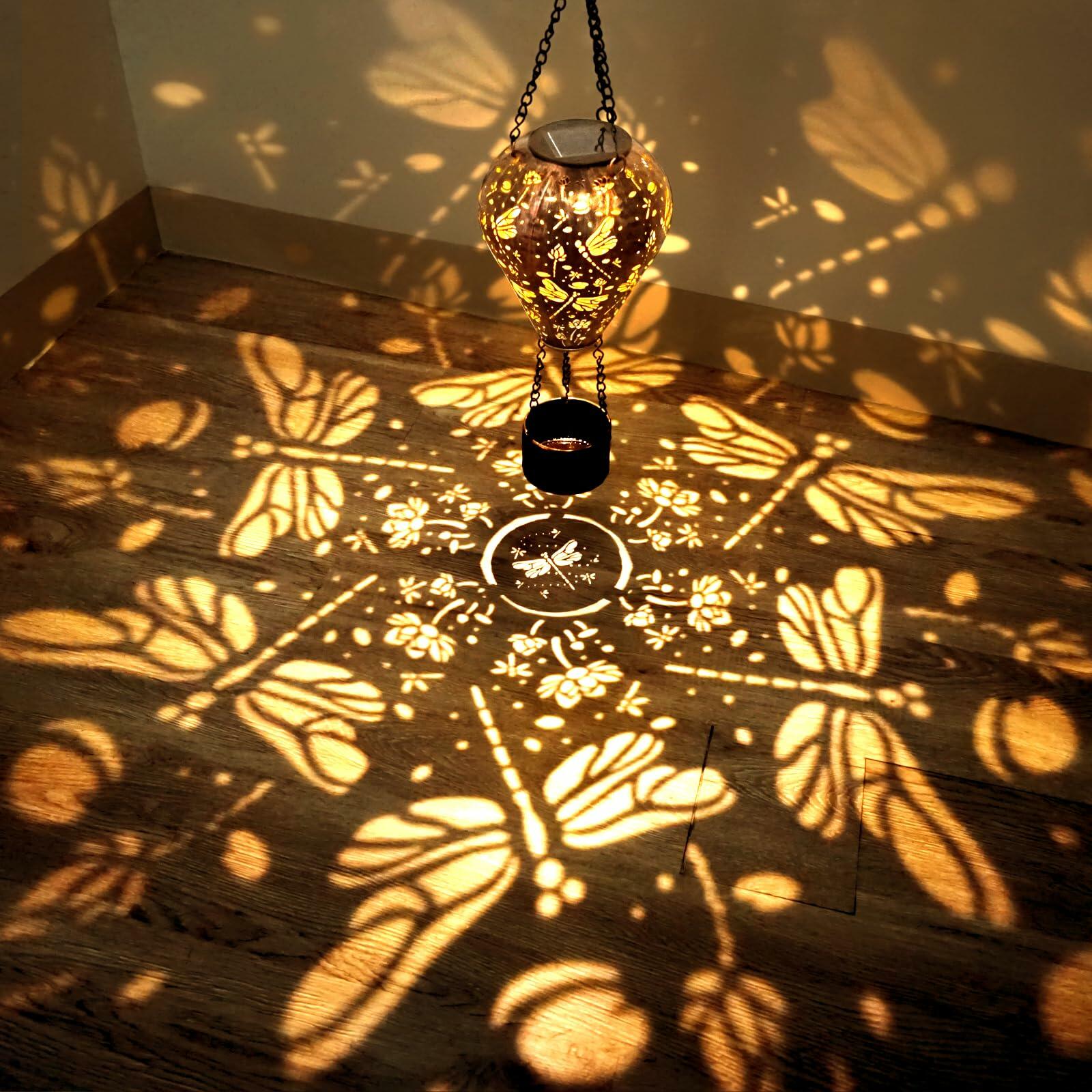 Dragonfly Decor Hot Air Balloon Solar Lantern Outdoor Hanging Garden Light