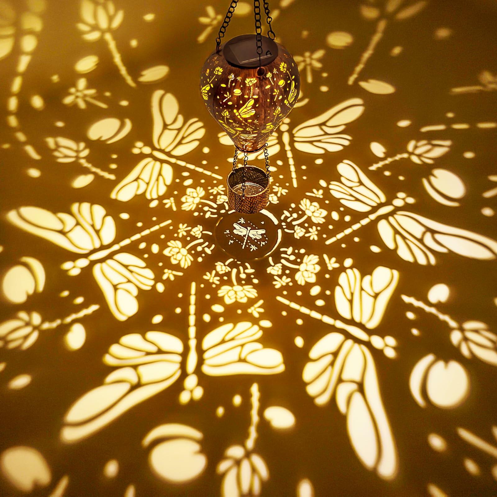 Dragonfly Decor Hot Air Balloon Solar Lantern Outdoor Hanging Garden Light