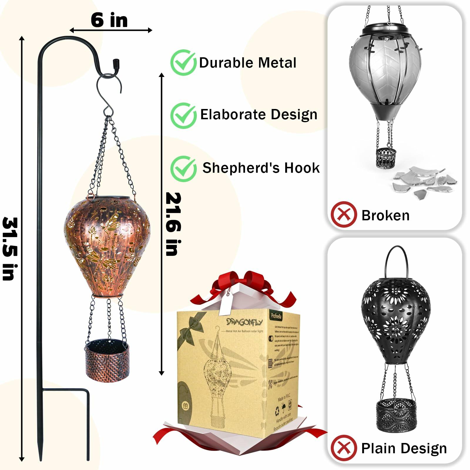 Dragonfly Decor Hot Air Balloon Solar Lantern Outdoor Hanging Garden Light