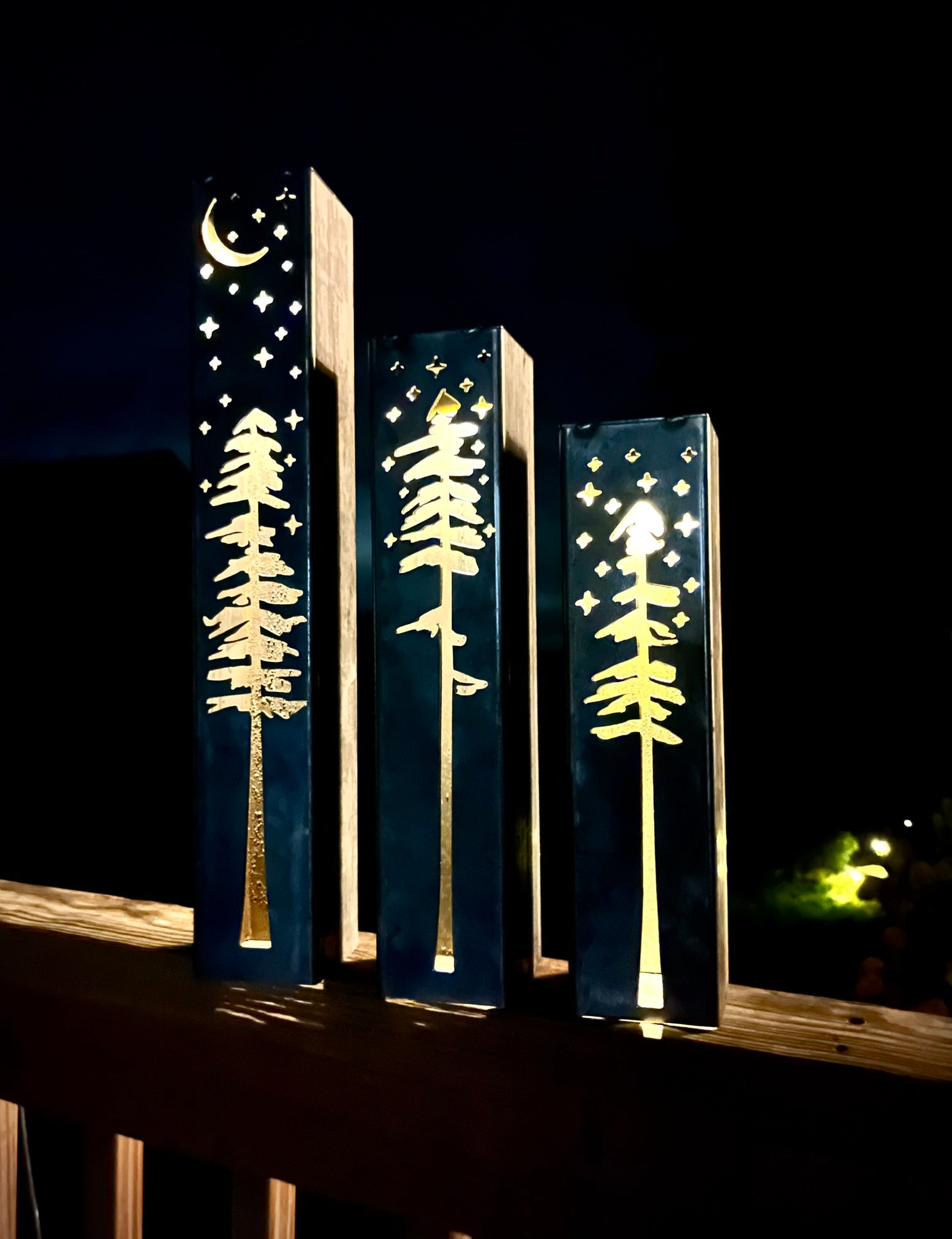 Pine Tree Night Sky Luminary Pillars w/ Solar Cap
