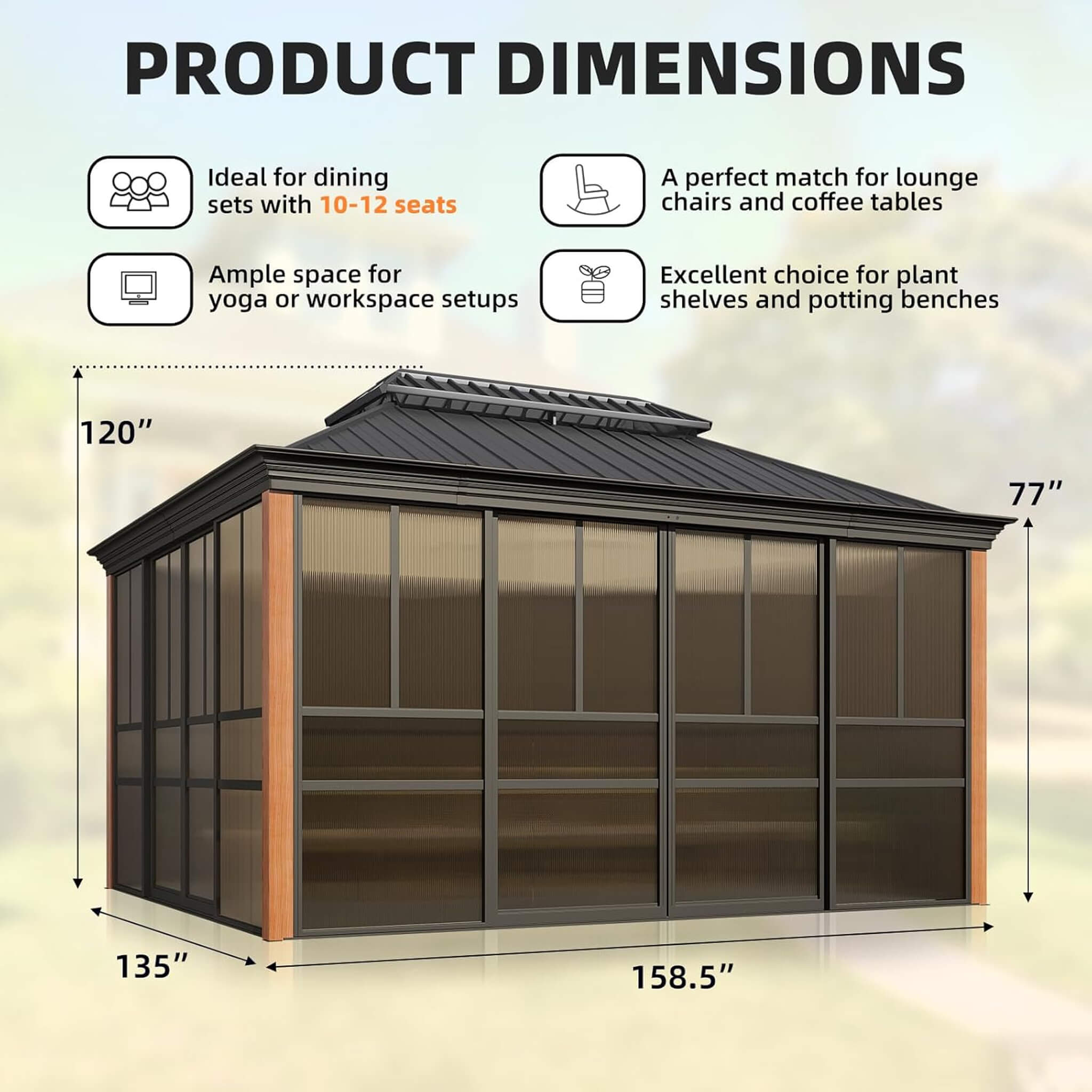 Alora Premium All-Season Outdoor Wood Grain Sunroom With Sliding Doors And Double Top Roof (SAK58317)