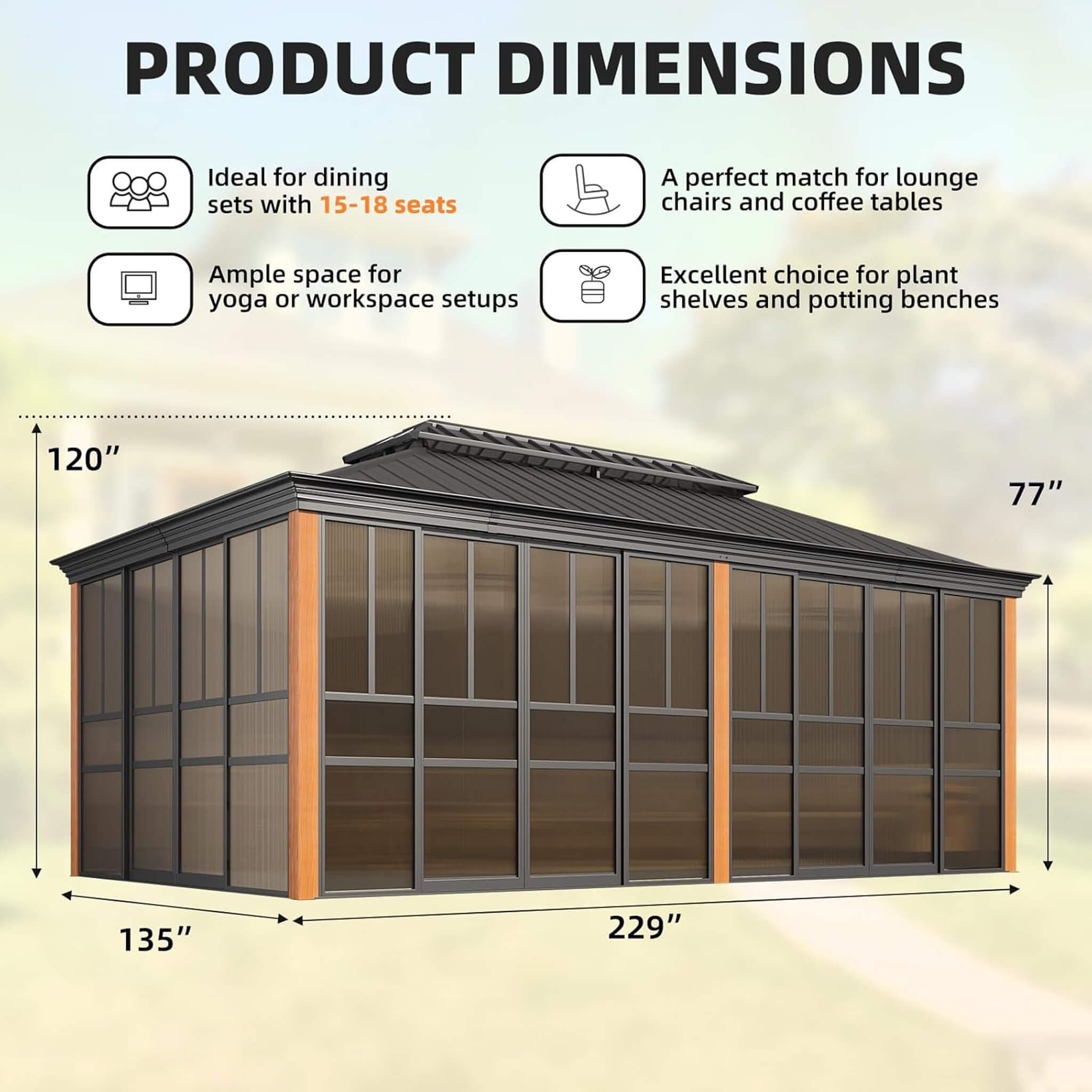 Alora Premium All-Season Outdoor Wood Grain Sunroom With Sliding Doors And Double Top Roof (SAK58317)