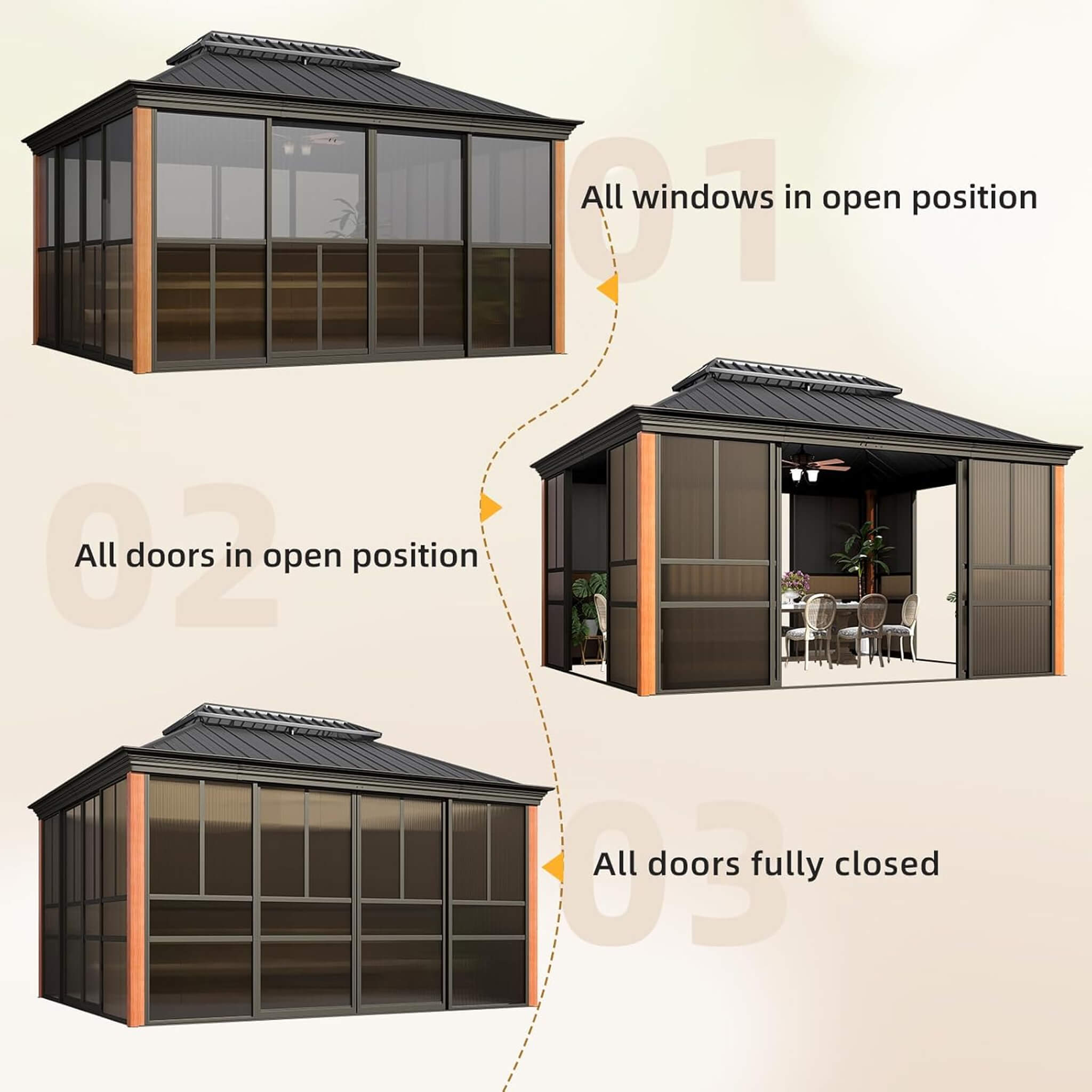 Alora Premium All-Season Outdoor Wood Grain Sunroom With Sliding Doors And Double Top Roof (SAK58317)